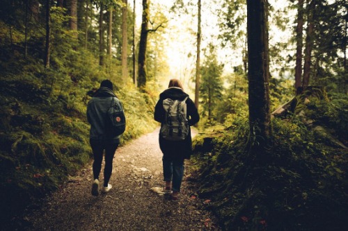 2 mensen wandelen samen door bos